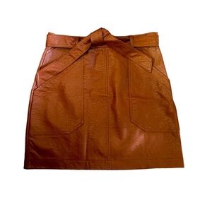 Shinestar, PU Leather Croc Embossed Belted Mini Skirt, Cognac, Size S